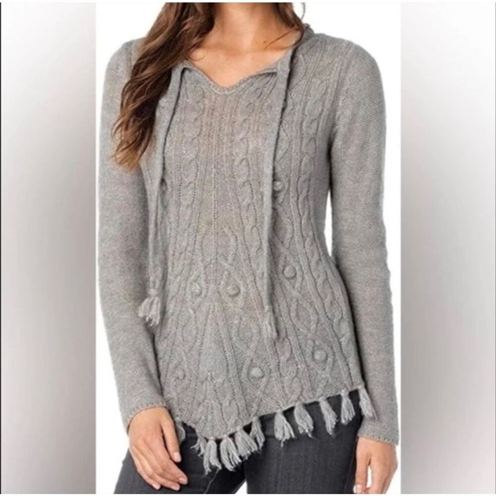 prAna Shelby Poncho pullover sweater wool blend cable knit fringe trim size L